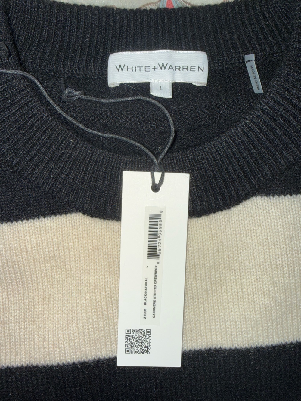 🆕 White + Warren cashmere crewneck sweater size L in Black and Natural Striped - Picture 6 of 16